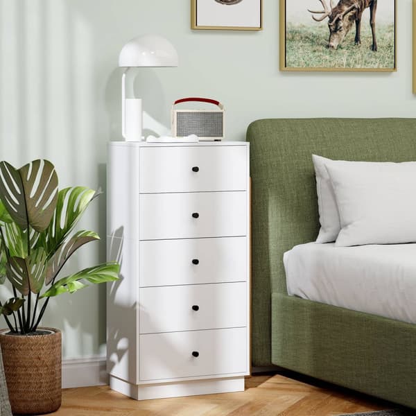Byrå, skänk med 5 lådor, skåp av trämaterial, förvaringsskåp i modern stil, lådskåp, byrå för vardagsrum, sovrum, hall, 47 x 29 x 95 cm, vit