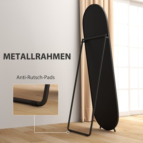 Spejl i fuld længde, 160 x 40 cm vægspejl med stativ, metalramme, ovalt stående spejl til stue, soveværelse, sort |