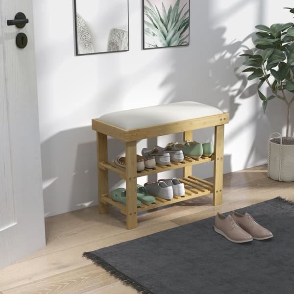 Skobenk med sete, bambusbenk med oppbevaringsplass, skohylle med 2 åpne rom, benk, garderobebenk til stue, gang, 60 x 29 x 49 cm kremhvit |