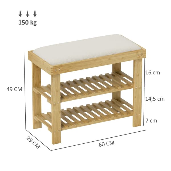 Skobenk med sete, bambusbenk med oppbevaringsplass, skohylle med 2 åpne rom, benk, garderobebenk til stue, gang, 60 x 29 x 49 cm kremhvit |