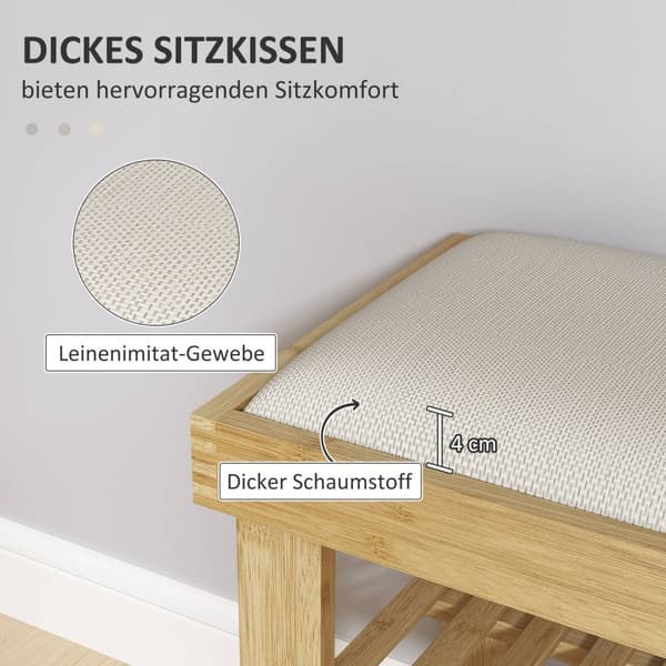 Skobenk med sete, bambusbenk med oppbevaringsplass, skohylle med 2 åpne rom, benk, garderobebenk til stue, gang, 60 x 29 x 49 cm kremhvit |