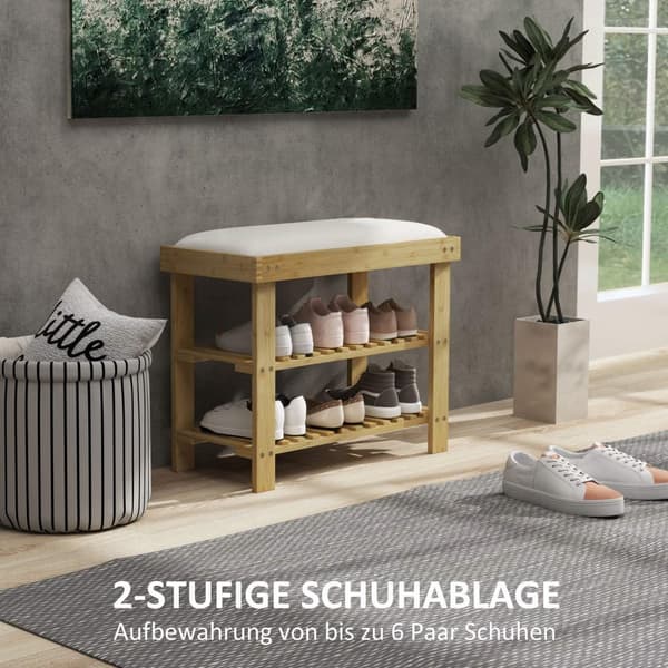 Skobenk med sete, bambusbenk med oppbevaringsplass, skohylle med 2 åpne rom, benk, garderobebenk til stue, gang, 60 x 29 x 49 cm kremhvit |
