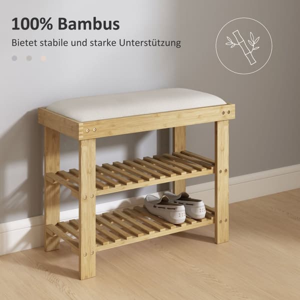 Skobenk med sete, bambusbenk med oppbevaringsplass, skohylle med 2 åpne rom, benk, garderobebenk til stue, gang, 60 x 29 x 49 cm kremhvit |