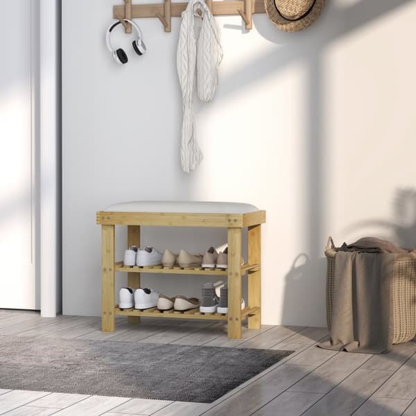 Skobenk med sete, bambusbenk med oppbevaringsplass, skohylle med 2 åpne rom, benk, garderobebenk til stue, gang, 60 x 29 x 49 cm kremhvit |