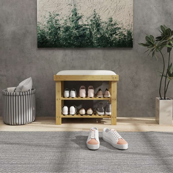 Skobenk med sete, bambusbenk med oppbevaringsplass, skohylle med 2 åpne rom, benk, garderobebenk til stue, gang, 60 x 29 x 49 cm kremhvit |