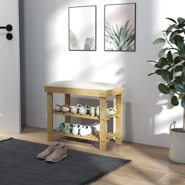 Skobenk med sete, bambusbenk med oppbevaringsplass, skohylle med 2 åpne rom, benk, garderobebenk til stue, gang, 60 x 29 x 49 cm kremhvit |