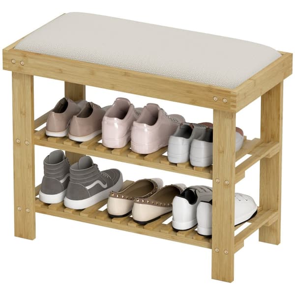 Skobenk med sete, bambusbenk med oppbevaringsplass, skohylle med 2 åpne rom, benk, garderobebenk til stue, gang, 60 x 29 x 49 cm kremhvit |