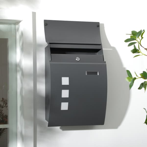 Postkasse Postboks med lokk, lås, veggpostkasse med utsiktsvindu Vannhull laget av galvanisert stål, for utendørs, 32 x 10 x 45 cm, mørkegrå |