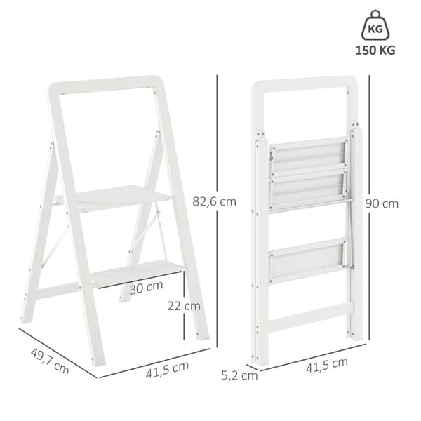Trinnstige med 3 trinn, anti-skli sammenleggbart trinn med håndtak, last opp til 150 kg, lett aluminiumsstige, 41,5 x 49,7 x 82,6 cm, hvit