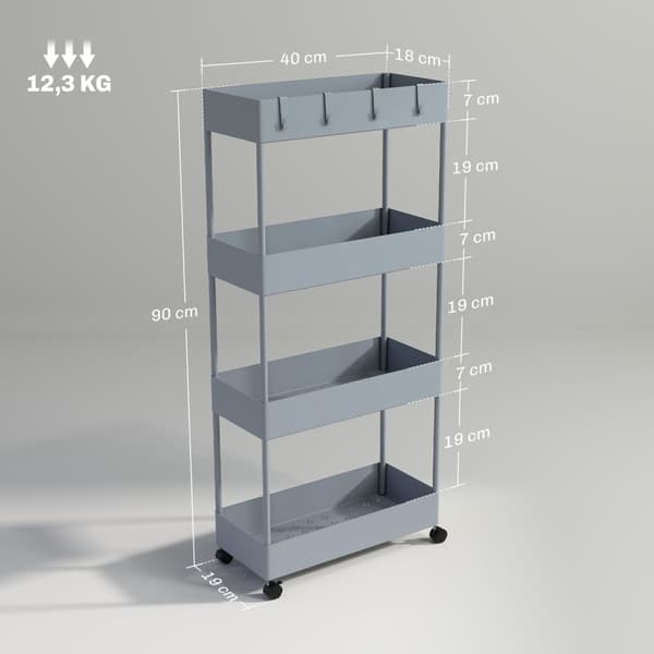 Rullvagn, kökshylla med 4 våningar, förvaringsställ med hjul, köksvagn med bromsar, serveringsvagn för kök, sovrum, vardagsrum, plast, grå, 40 x 19 x
