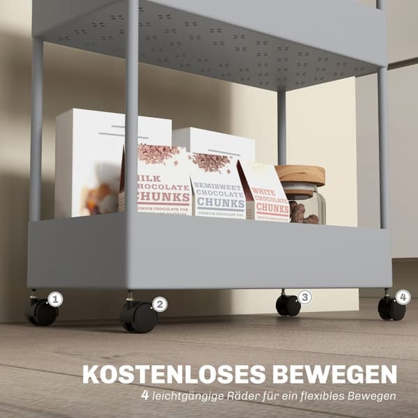 Rullvagn, kökshylla med 4 våningar, förvaringsställ med hjul, köksvagn med bromsar, serveringsvagn för kök, sovrum, vardagsrum, plast, grå, 40 x 19 x