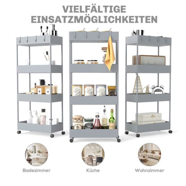 Rullvagn, kökshylla med 4 våningar, förvaringsställ med hjul, köksvagn med bromsar, serveringsvagn för kök, sovrum, vardagsrum, plast, grå, 40 x 19 x