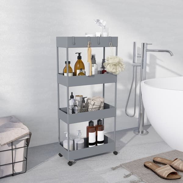 Rullvagn, kökshylla med 4 våningar, förvaringsställ med hjul, köksvagn med bromsar, serveringsvagn för kök, sovrum, vardagsrum, plast, grå, 40 x 19 x