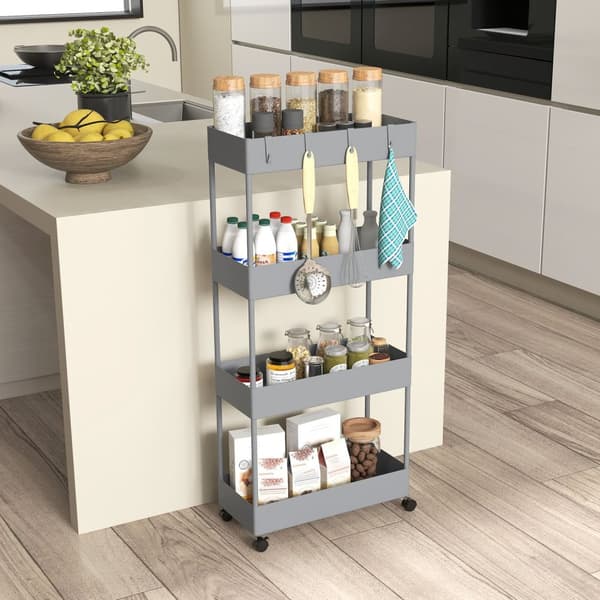Rullvagn, kökshylla med 4 våningar, förvaringsställ med hjul, köksvagn med bromsar, serveringsvagn för kök, sovrum, vardagsrum, plast, grå, 40 x 19 x