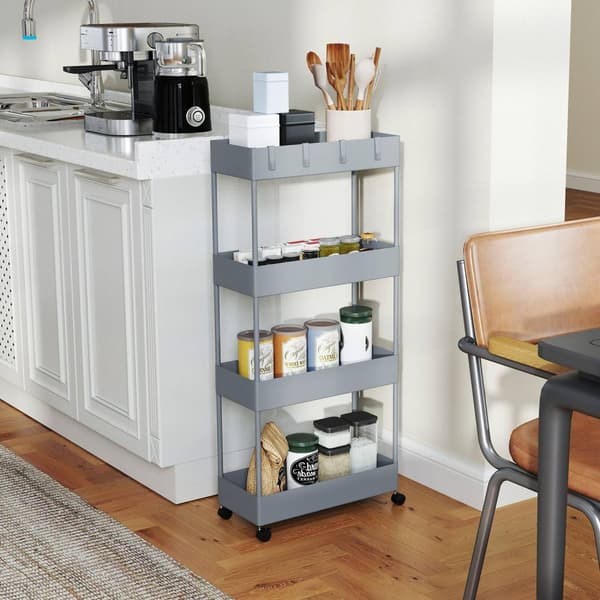 Rullvagn, kökshylla med 4 våningar, förvaringsställ med hjul, köksvagn med bromsar, serveringsvagn för kök, sovrum, vardagsrum, plast, grå, 40 x 19 x
