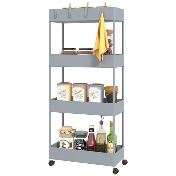 Rullvagn, kökshylla med 4 våningar, förvaringsställ med hjul, köksvagn med bromsar, serveringsvagn för kök, sovrum, vardagsrum, plast, grå, 40 x 19 x