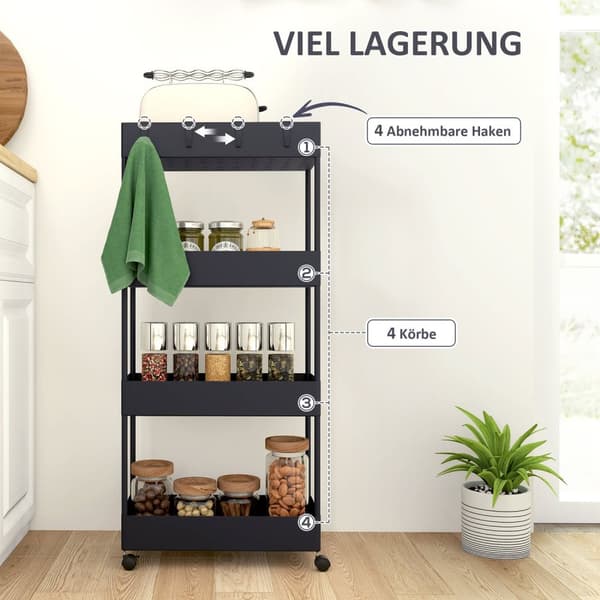 Rullvagn, kökshylla med 4 våningar, förvaringsställ med hjul, köksvagn med bromsar, serveringsvagn för kök, sovrum, vardagsrum, plast, svart, 40 x 19