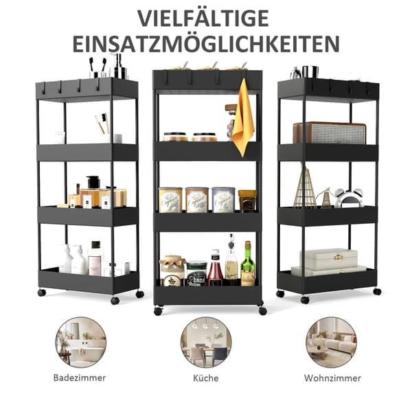 Rullvagn, kökshylla med 4 våningar, förvaringsställ med hjul, köksvagn med bromsar, serveringsvagn för kök, sovrum, vardagsrum, plast, svart, 40 x 19
