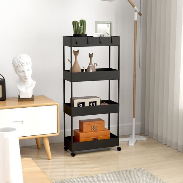 Rullvagn, kökshylla med 4 våningar, förvaringsställ med hjul, köksvagn med bromsar, serveringsvagn för kök, sovrum, vardagsrum, plast, svart, 40 x 19