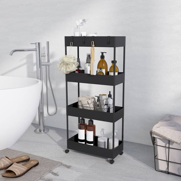 Rullvagn, kökshylla med 4 våningar, förvaringsställ med hjul, köksvagn med bromsar, serveringsvagn för kök, sovrum, vardagsrum, plast, svart, 40 x 19