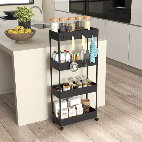 Rullvagn, kökshylla med 4 våningar, förvaringsställ med hjul, köksvagn med bromsar, serveringsvagn för kök, sovrum, vardagsrum, plast, svart, 40 x 19