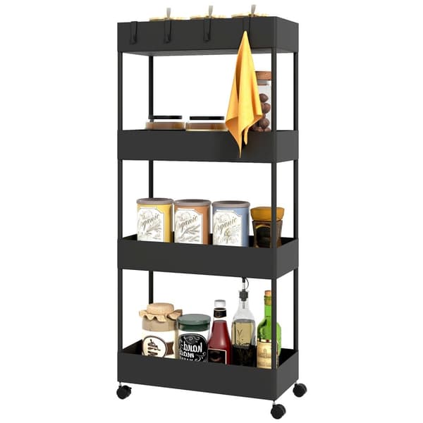 Rullvagn, kökshylla med 4 våningar, förvaringsställ med hjul, köksvagn med bromsar, serveringsvagn för kök, sovrum, vardagsrum, plast, svart, 40 x 19