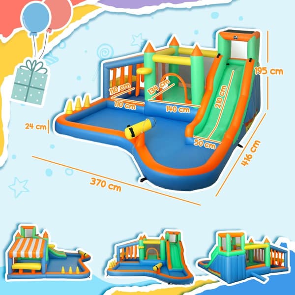 Hoppeslott med blåser, vannsklie, plaskebasseng, ballgrop, klatrevegg, kastering, hopp, basketballkurv, vannkanon, oppblåsbart hoppeslott for 3-8 år,