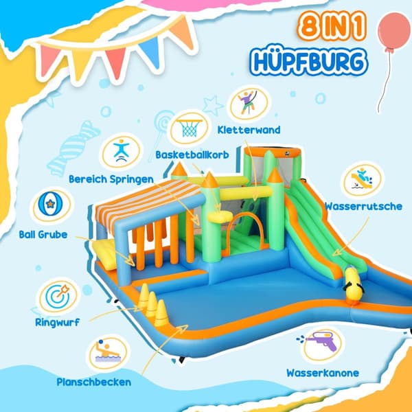 Hoppeslott med blåser, vannsklie, plaskebasseng, ballgrop, klatrevegg, kastering, hopp, basketballkurv, vannkanon, oppblåsbart hoppeslott for 3-8 år,