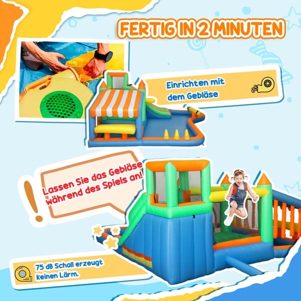 Hoppeslott med blåser, vannsklie, plaskebasseng, ballgrop, klatrevegg, kastering, hopp, basketballkurv, vannkanon, oppblåsbart hoppeslott for 3-8 år,