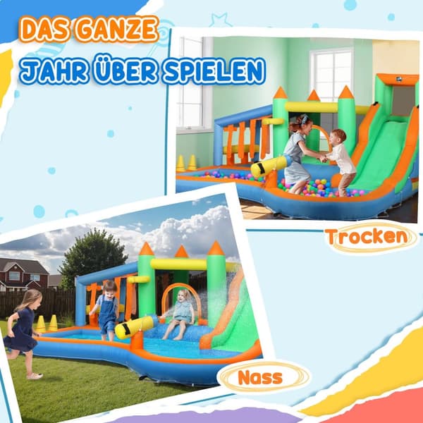 Hoppeslott med blåser, vannsklie, plaskebasseng, ballgrop, klatrevegg, kastering, hopp, basketballkurv, vannkanon, oppblåsbart hoppeslott for 3-8 år,