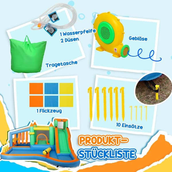 Hoppeslott med blåser, vannsklie, plaskebasseng, ballgrop, klatrevegg, kastering, hopp, basketballkurv, vannkanon, oppblåsbart hoppeslott for 3-8 år,