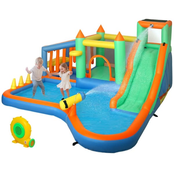 Hoppeslott med blåser, vannsklie, plaskebasseng, ballgrop, klatrevegg, kastering, hopp, basketballkurv, vannkanon, oppblåsbart hoppeslott for 3-8 år,