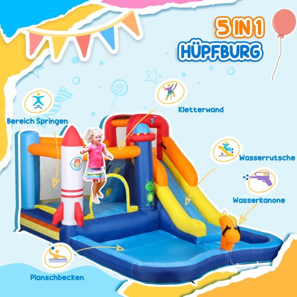 Hoppeborg med blæser, rutsjebane, soppebassin, klatrevæg, spring, vandkanon, oppustelig hoppeborg med bæretaske til indendørs udendørs til børn i alde