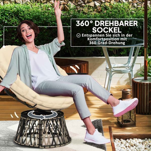 Papasan stol rotting 360° roterende kurvstol med pute diameter 90 cm rund utendørs rottingstol svingstol lounge stol hvilestol for stue hage balkong b