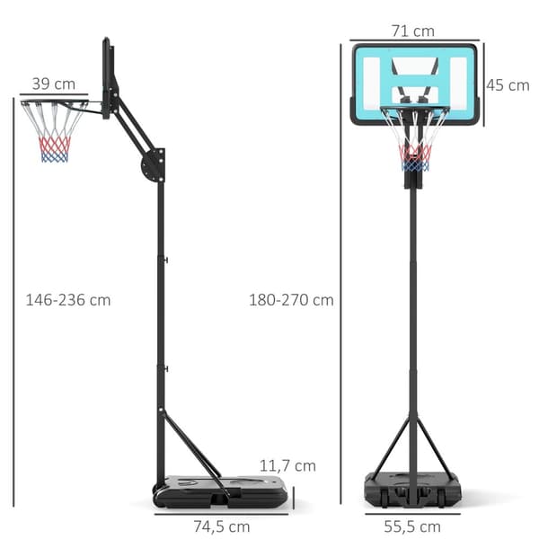 Koripallovanne jalustalla Rulla 146-236 cm Korkeussäädettävä koripalloteline 71x45cm Takaseinämä Kannettava vannejärjestelmä Teini-ikäisille Aikuisill