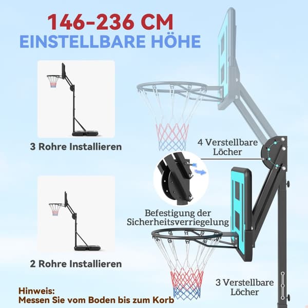 Basketball bøjle med stativ Rulle 146-236 cm Højdejusterbar basketball stativ med 71x45 cm bagvæg Bærbart bøjlesystem til teenagere Voksne Basketballs