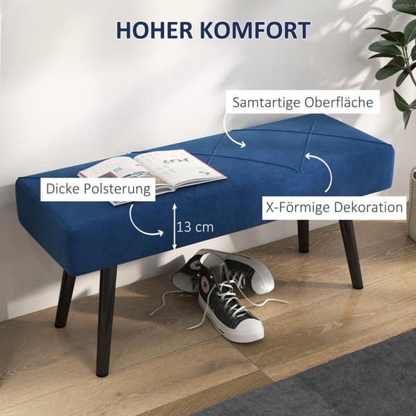 Klädd bänk, sängbänk, hallbänk med X-mönster, i sammetslook, rymmer upp till 120 kg, för sovrum, 100 x 36 x 45 cm, blå |