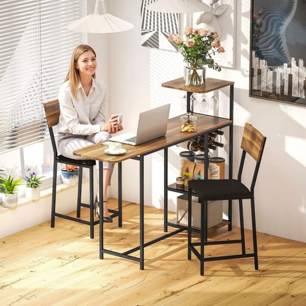 Barbord med barstolsett, 3 stk. Barbordsett med sammenleggbart kjøkkenbord, vinglassholder, vinstativ, 2 barstoler, stålramme, i moderne, spisegruppe