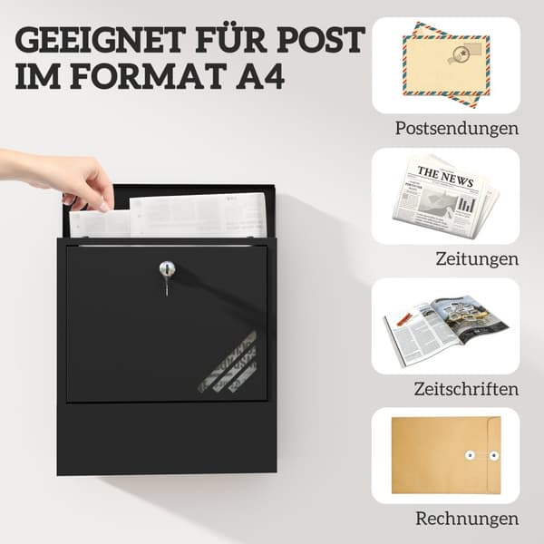 Postkassevægpostkasse med lås, låg, kobberkerne, metalpostkasse, til udendørs brug, mørkegrå, 30 x 8,5 x 32,5 cm |