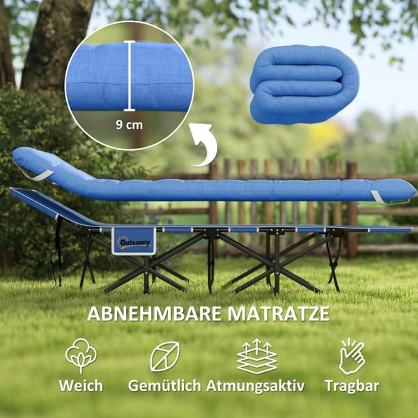Sammenklappelig feltseng, campingseng med madras, pude, sidelomme, 190 x 65 x 37 cm, campingseng til voksne, gæsteseng op til 150 kg, klapseng til ude