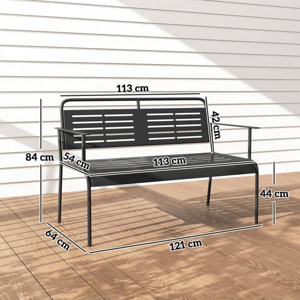 2-seters hagebenk, benk med lamelldesign, vannavstøtende hagemøbler med rygg og armlener, parkbenk 240kg bæreevne, balkongbenk for terrasse, hage, 121