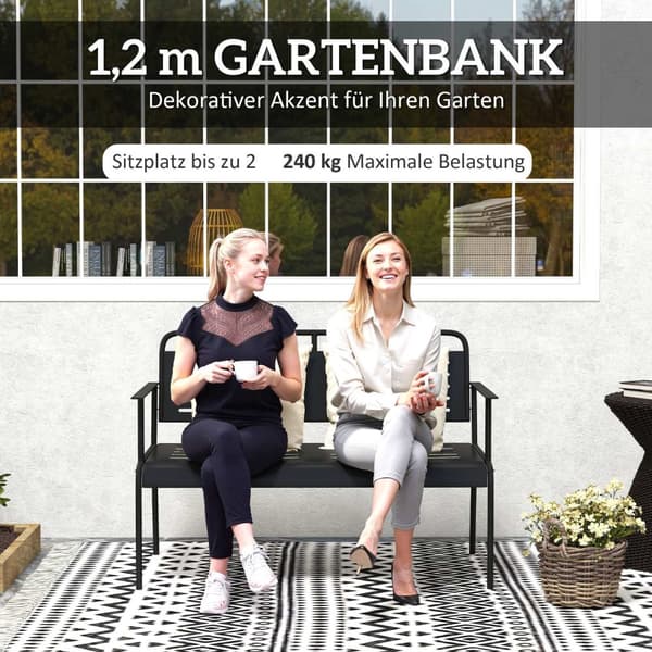 2-seters hagebenk, benk med lamelldesign, vannavstøtende hagemøbler med rygg og armlener, parkbenk 240kg bæreevne, balkongbenk for terrasse, hage, 121