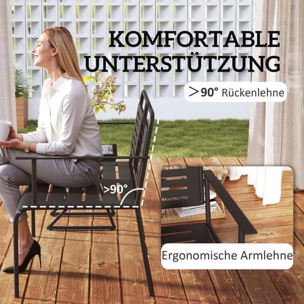 2-seters hagebenk, benk med lamelldesign, vannavstøtende hagemøbler med rygg og armlener, parkbenk 240kg bæreevne, balkongbenk for terrasse, hage, 121