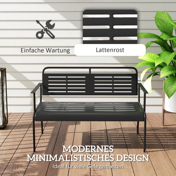 2-seters hagebenk, benk med lamelldesign, vannavstøtende hagemøbler med rygg og armlener, parkbenk 240kg bæreevne, balkongbenk for terrasse, hage, 121