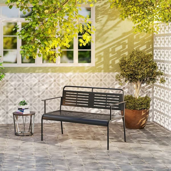 2-seters hagebenk, benk med lamelldesign, vannavstøtende hagemøbler med rygg og armlener, parkbenk 240kg bæreevne, balkongbenk for terrasse, hage, 121