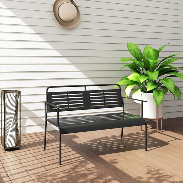 2-seters hagebenk, benk med lamelldesign, vannavstøtende hagemøbler med rygg og armlener, parkbenk 240kg bæreevne, balkongbenk for terrasse, hage, 121