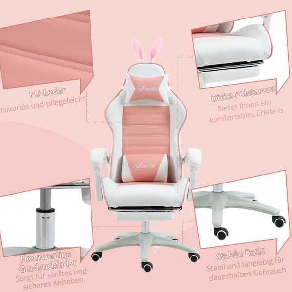 Gaming Chair Ergonomisk gamerstol med lændestøtte, fodstøtte, gaming stol med kaninører, pude, højdejusterbar kontorstol med justerbar lænefunktion Pi