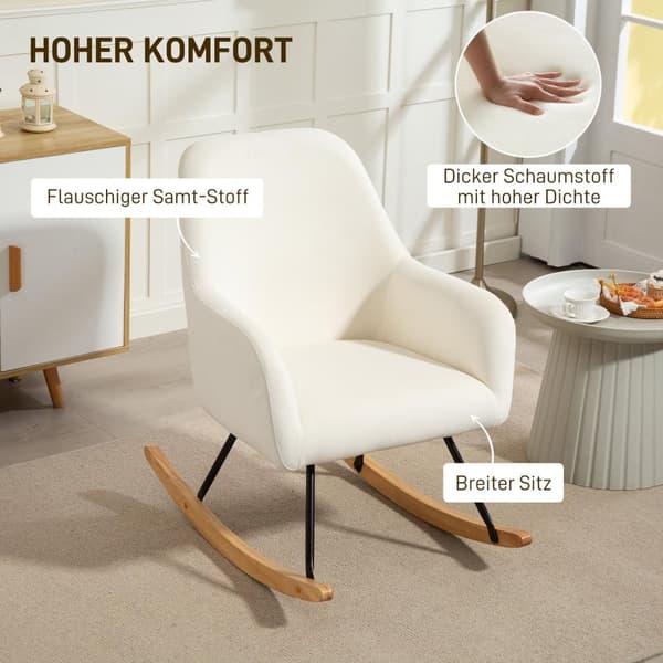 Gyngestol, gyngestol med armlæn, træløbere, afslapningsstol, lænestol med fløjlslook, afslapningsstol, gyngestol til soveværelse, stue, balkon, cremeh