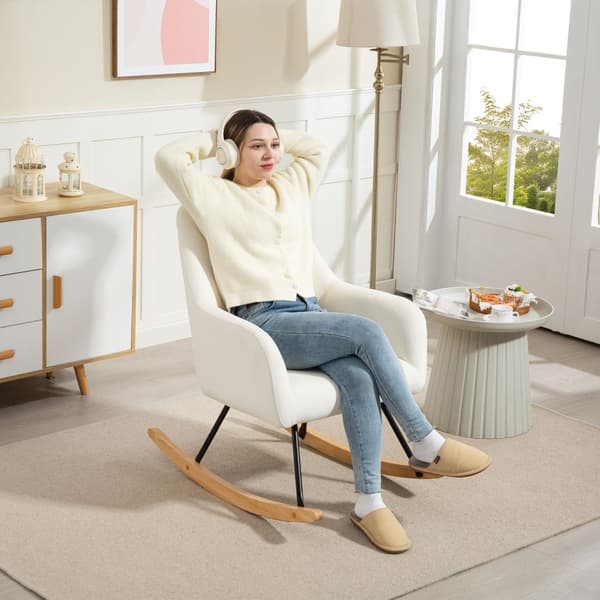 Gyngestol, gyngestol med armlæn, træløbere, afslapningsstol, lænestol med fløjlslook, afslapningsstol, gyngestol til soveværelse, stue, balkon, cremeh