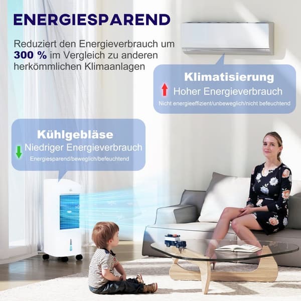 3 i 1 mobil klimaanlegg med fuktighetsvannkjøling, automatisk oscillerende 7L klimaanlegg med 7,5 timers timer, 3 hastigheter 65W luftkjøler med fjern